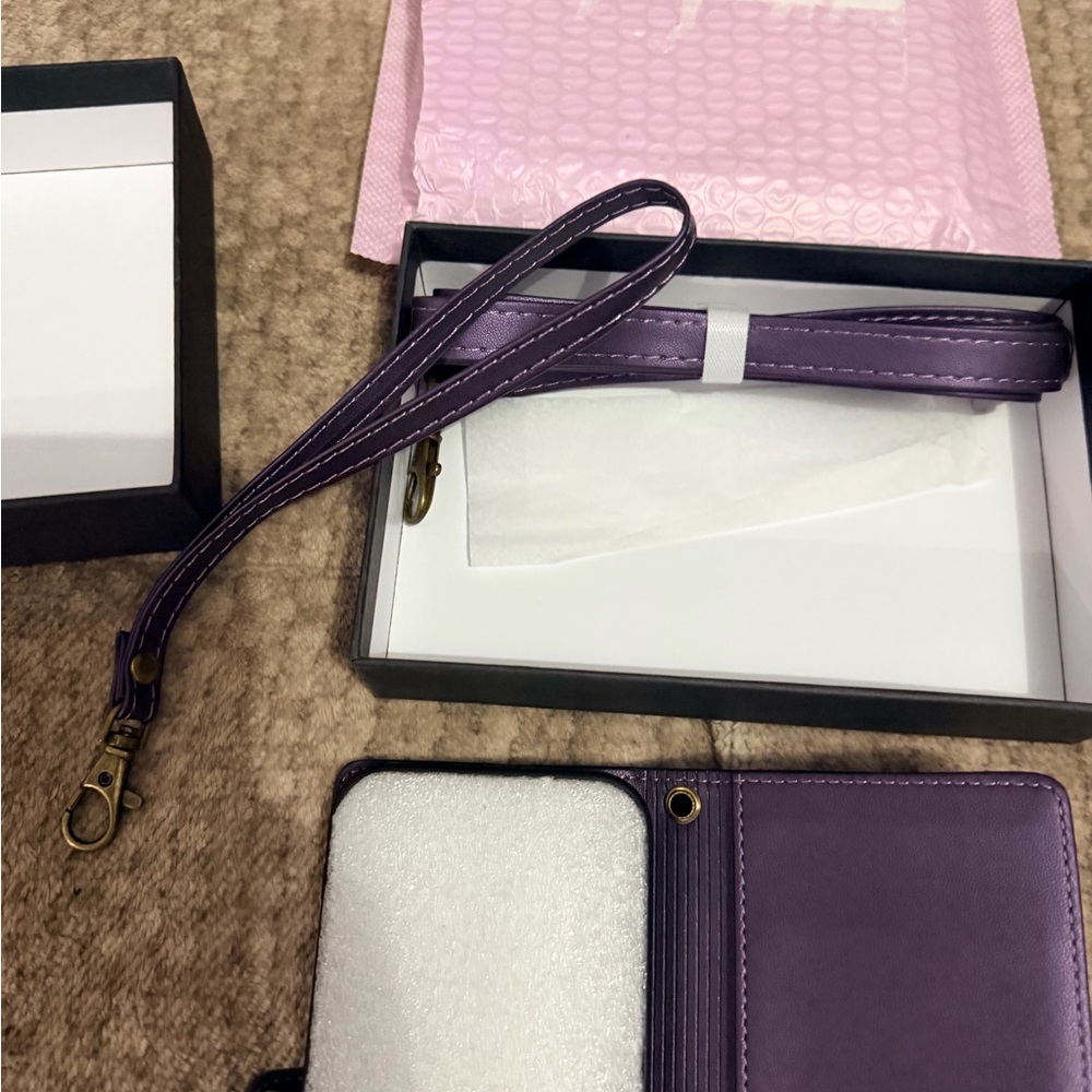 Premium iPhone 14 Purple Crossbody Wallet Phone Case with Strap - Picture 12 of 13